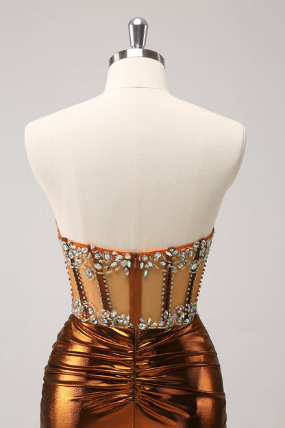 Glitter Beaded Copper Corset Pleated Strapless Short Tight Homecoming Dress