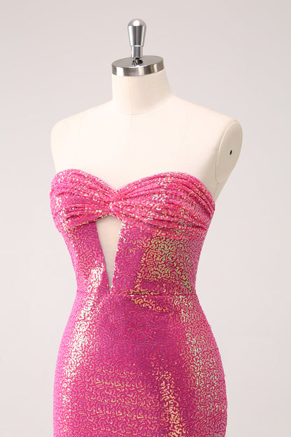 Fuchsia Hollow Out Strapless Sequins Tight Homecoming Dress with Slit