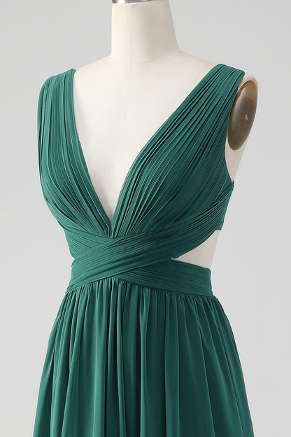 Dark Green A Line Chiffon Long Bridesmaid Dress with Lace Up Back