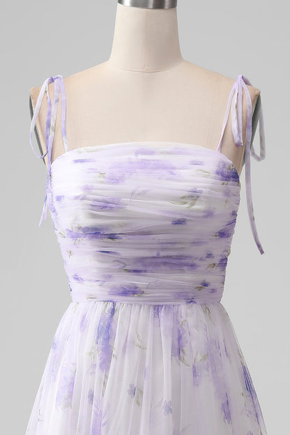 Lavender Flower Spaghetti Straps A Line Long Bridesmaid Dress with Slit