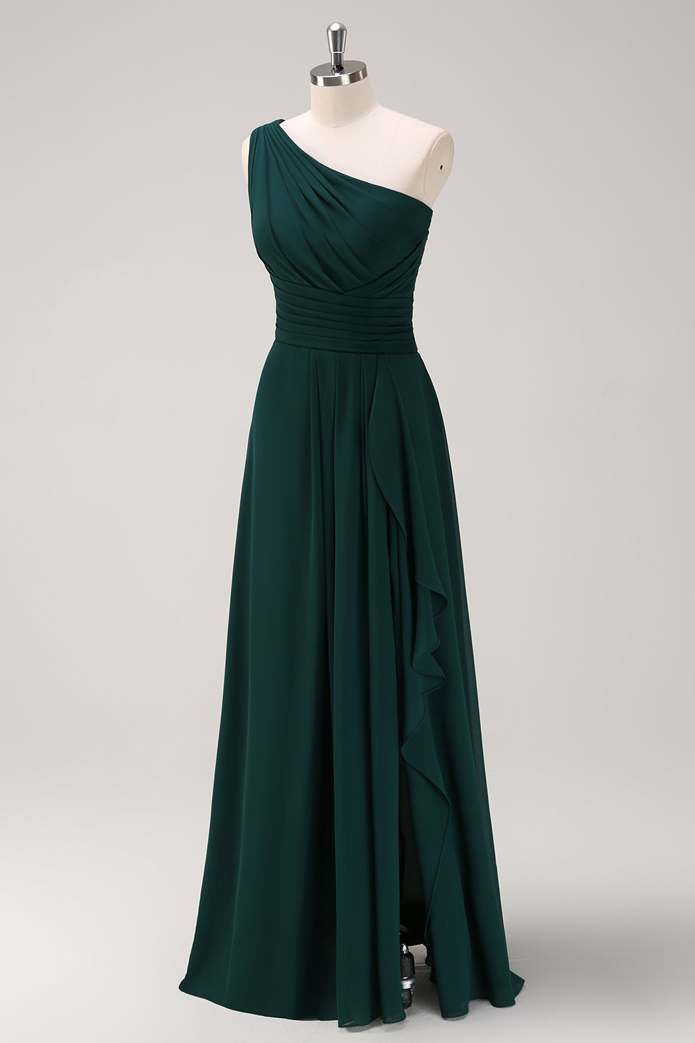 Dark Green One Shoulder A-Line Ruched Long Bridesmaid Dress