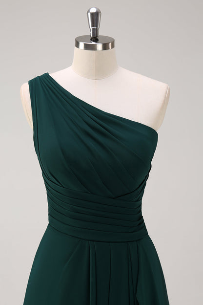 Dark Green One Shoulder A-Line Ruched Long Bridesmaid Dress