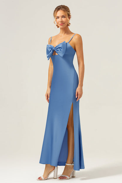 Blue Mermaid Spaghetti Straps Long Bridesmaid Dress with Bowknot