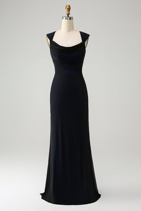 Black Blue Mermaid Cowl Neck Long Bridesmaid Dress