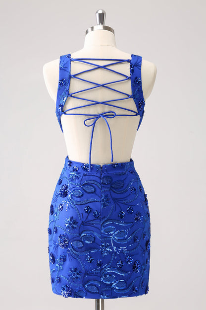 Royal Blue Bodycon Cut Out Homecoming Dress with Beading