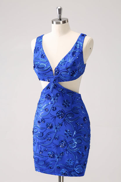 Royal Blue Bodycon Cut Out Homecoming Dress with Beading