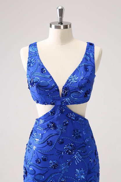 Royal Blue Bodycon Cut Out Homecoming Dress with Beading