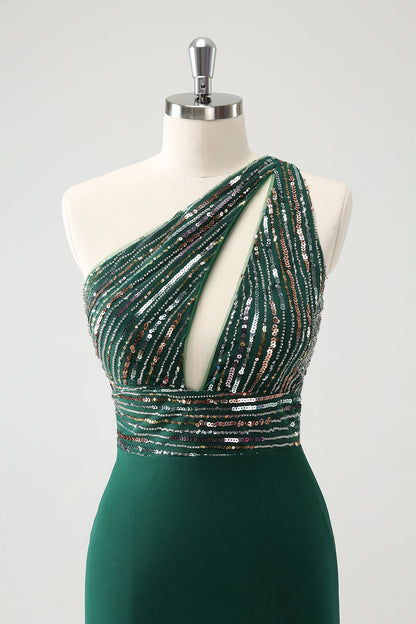 Glitter Dark Green Tight One Shoulder Cut-Out Homecoming Dress