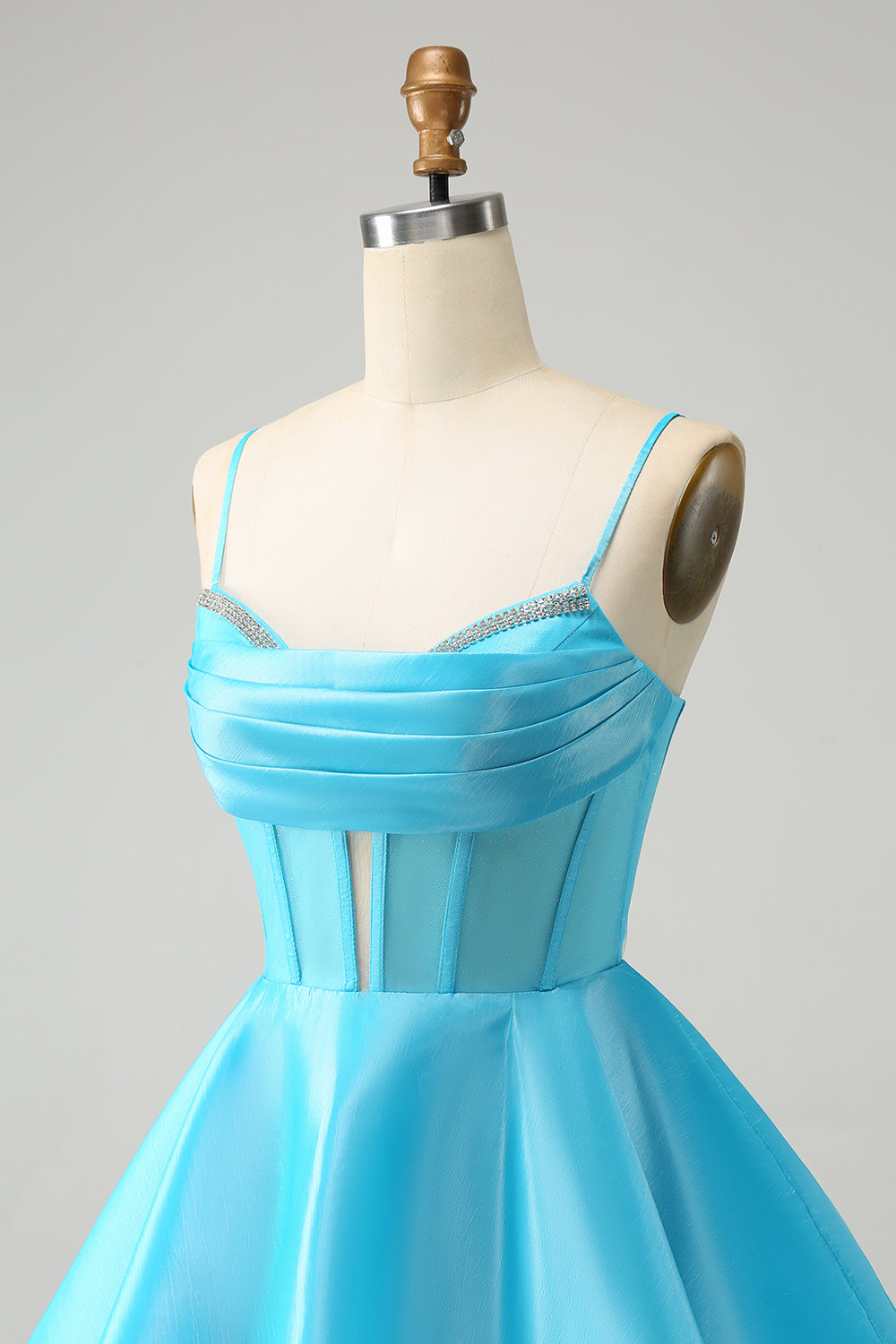 Cute Glitter Blue A Line Spaghetti Straps Corset Homecoming Dress with Beading