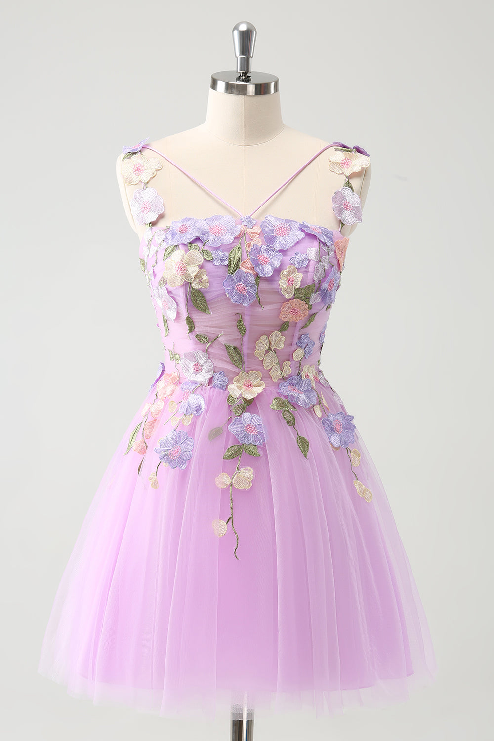 Elegant Purple A Line Halter Flowers Tulle Short Homecoming Dress with Lace Up Back