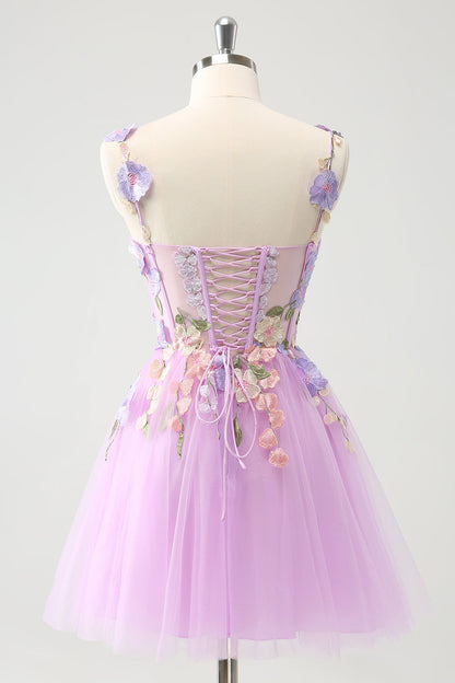 Purple A Line Halter Flowers Tulle Short Homecoming Dress