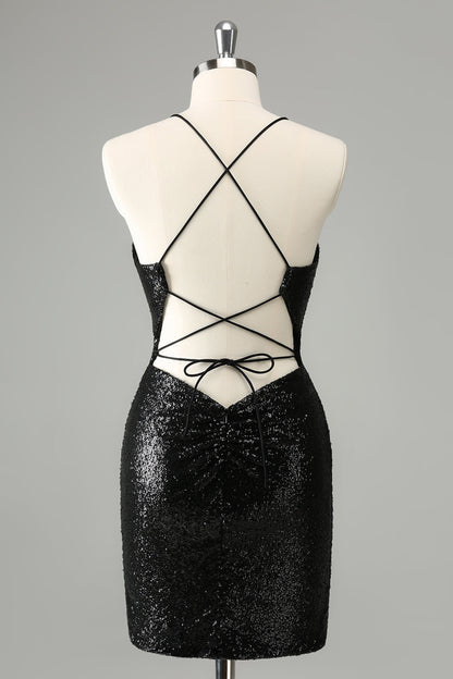 Stylish Glitter Black Sequins Tight Halter Homecoming Dress with Lace Up Back