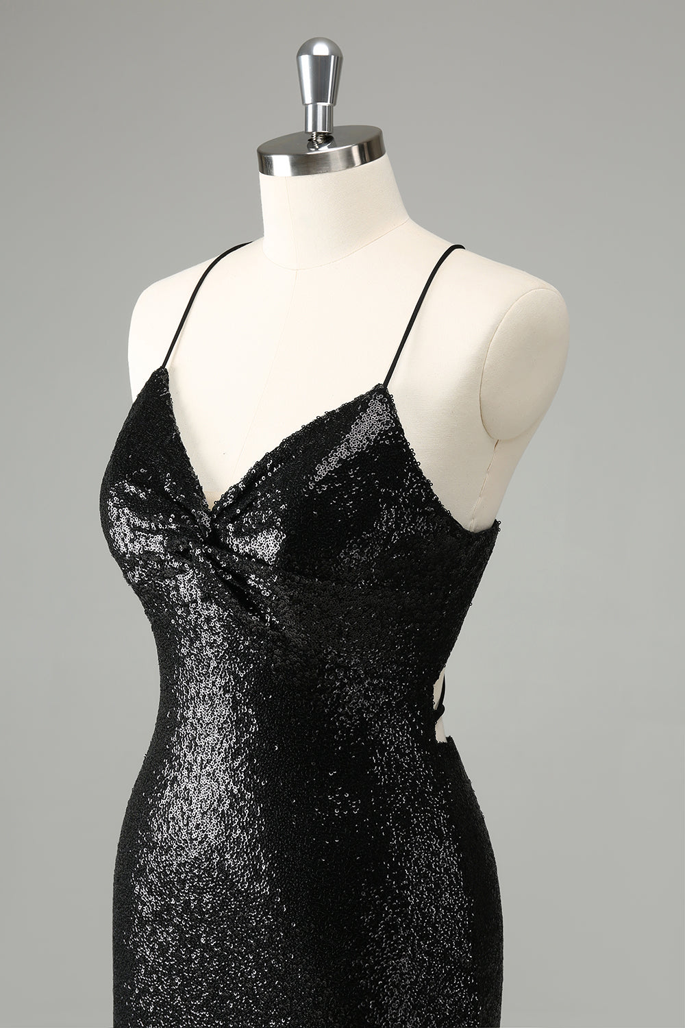 Stylish Glitter Black Sequins Tight Halter Homecoming Dress with Lace Up Back