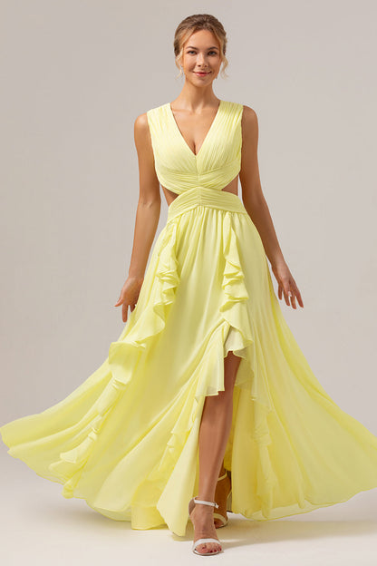 Lemon Yellow A Line Cut Out Long Bridesmaid Dress with Ruffles