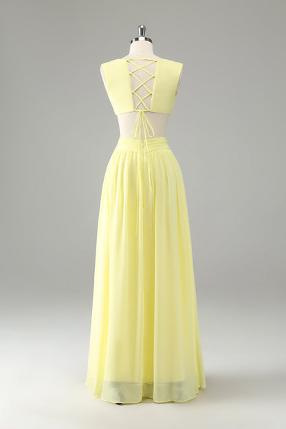 Lemon Yellow A Line Cut Out Long Bridesmaid Dress with Ruffles