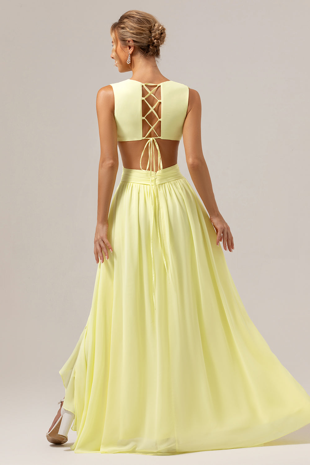 Lemon Yellow A Line Cut Out Long Bridesmaid Dress with Ruffles