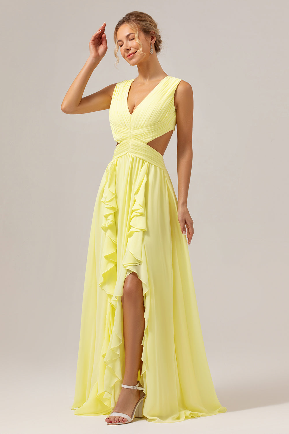 Lemon Yellow A Line Cut Out Lace Up Back Long Bridesmaid Dress with Ruffles