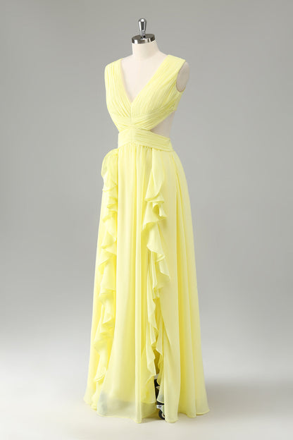 Lemon Yellow A Line Cut Out Long Bridesmaid Dress with Ruffles