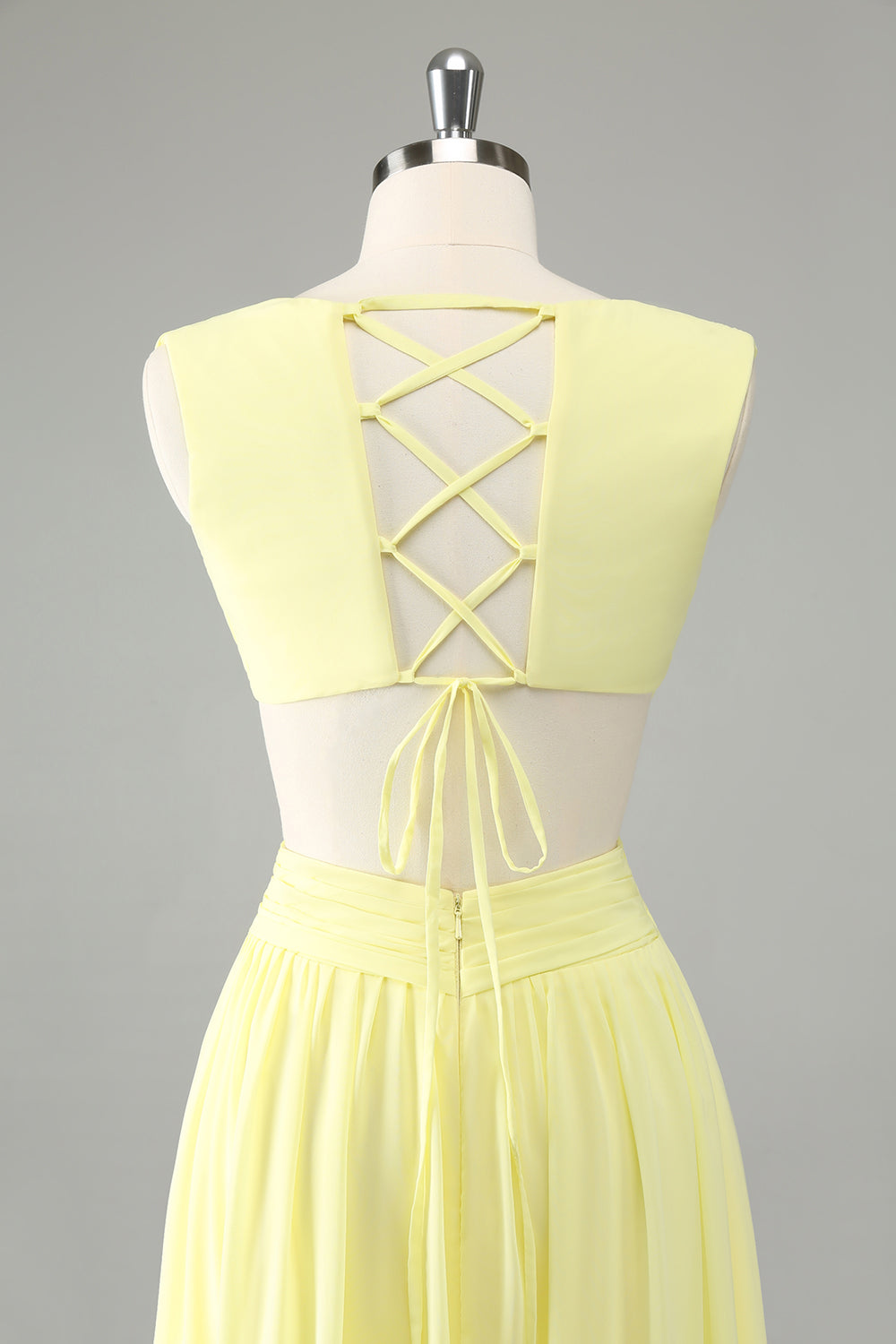 Lemon Yellow A Line Cut Out Long Bridesmaid Dress with Ruffles