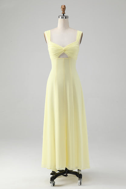 Lemon Yellow A Line Keyhole Long Bridesmaid Dress with Slit