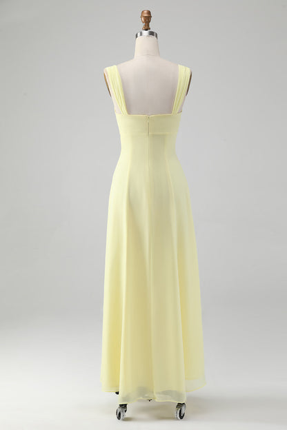 Lemon Yellow Keyhole A Line Long Bridesmaid Dress