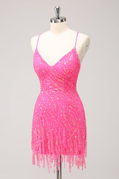 Sparkly Hot Pink Tight Sequins V Neck Homecoming Dress with Fringes