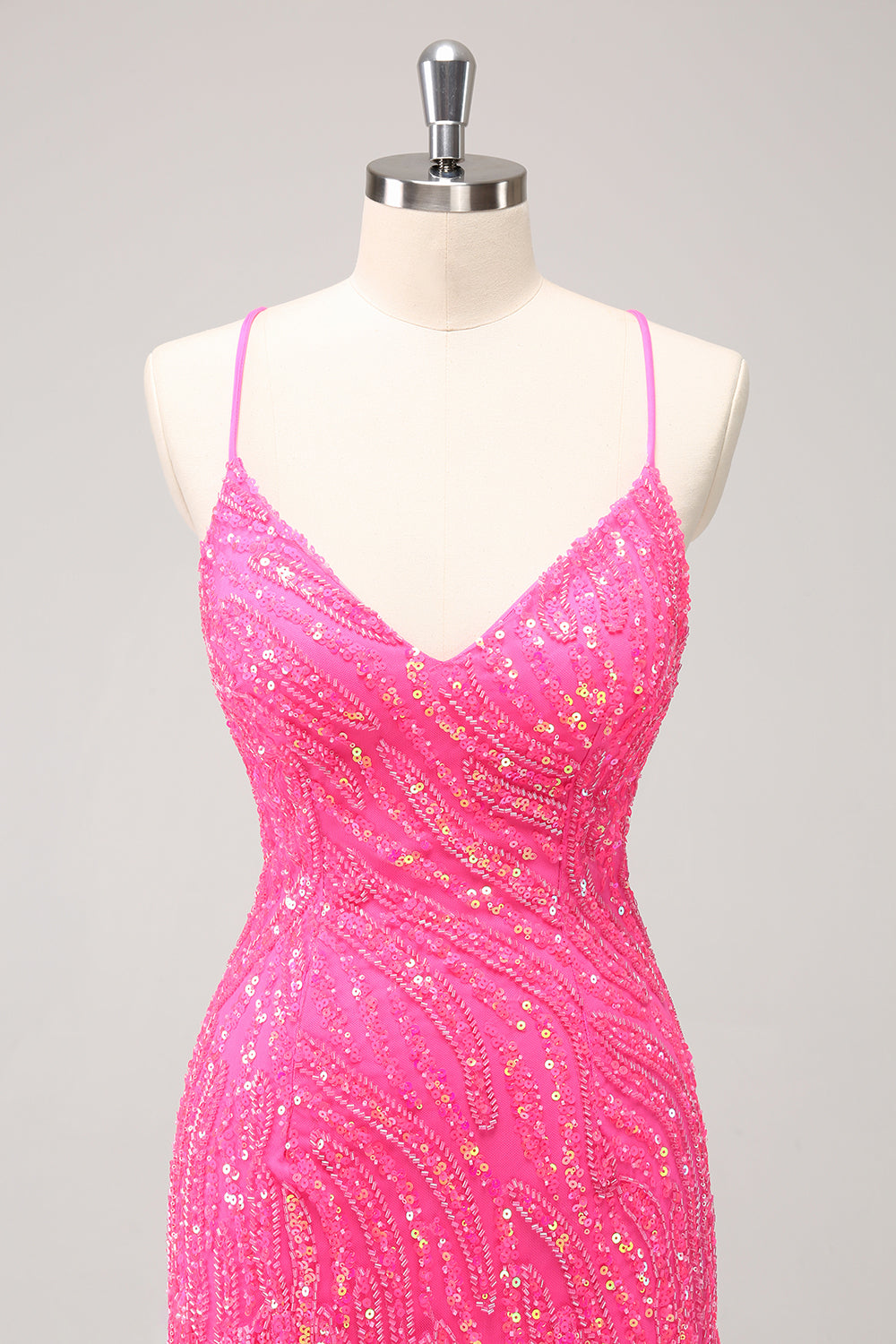 Sparkly Hot Pink Tight Sequins V Neck Homecoming Dress with Fringes