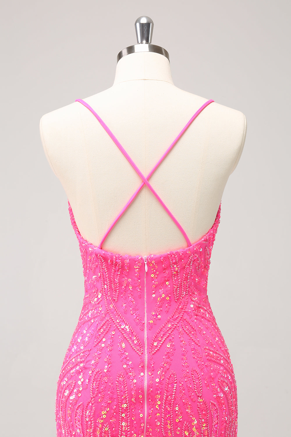 Sparkly Hot Pink Tight Sequins V Neck Homecoming Dress with Fringes