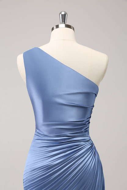 Blue One Shoulder Satin Keyhole Long Bridesmaid Dress