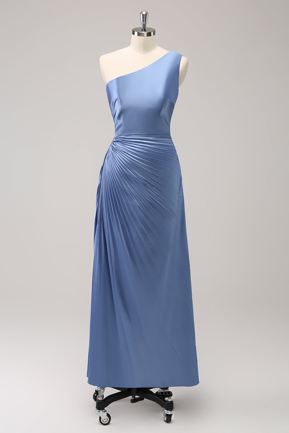 Blue One Shoulder Satin Keyhole Long Bridesmaid Dress