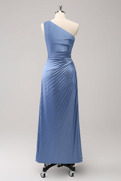 Blue One Shoulder Satin Keyhole Long Bridesmaid Dress