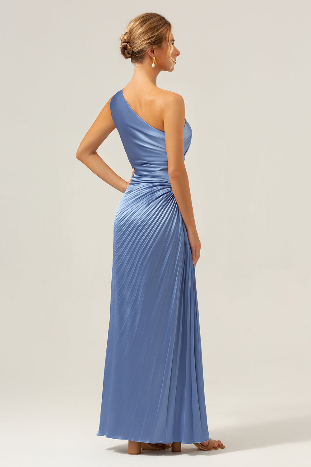 Blue Sheath One Shoulder Satin Keyhole Long Bridesmaid Dress