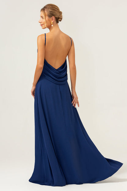 Navy Mermaid Backless Chiffon Long Bridesmaid Dress