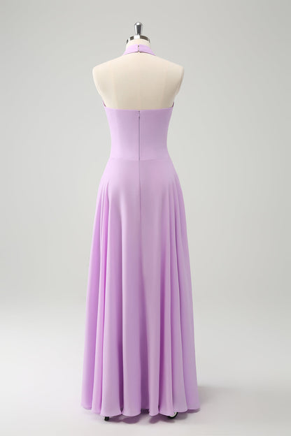 Purple A Line Halter Chiffon Long Backless Bridesmaid Dress