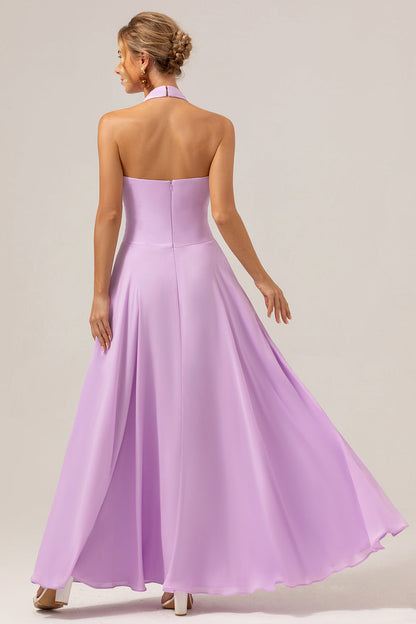 Purple A Line Halter Chiffon Long Backless Bridesmaid Dress