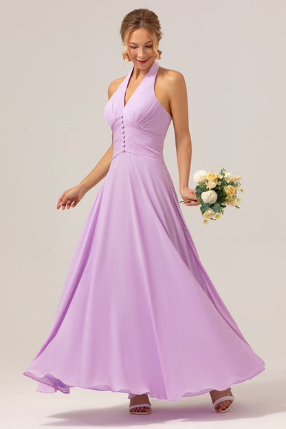 Purple A Line Halter Chiffon Long Backless Bridesmaid Dress