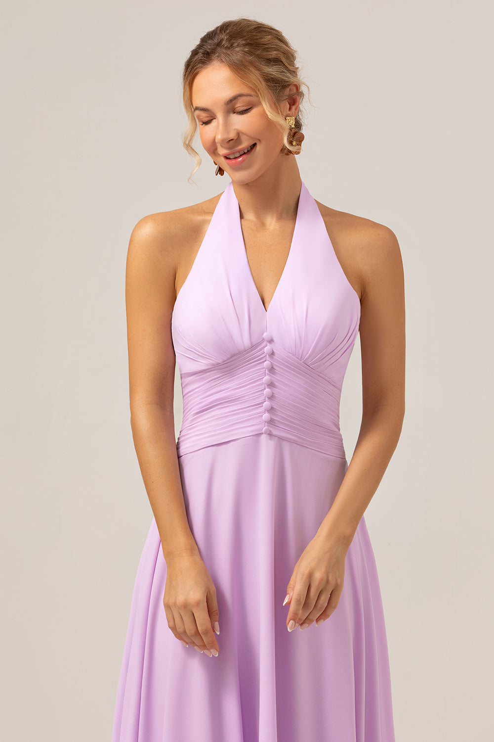 A Line Halter Chiffon Backless Long Purple Bridesmaid Dress