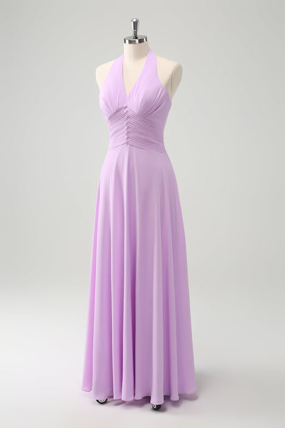 Purple A Line Halter Chiffon Long Backless Bridesmaid Dress