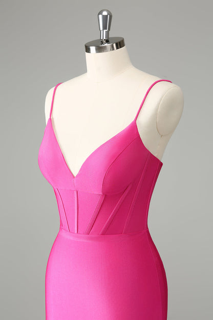 Fuchsia Bodycon Spaghetti Straps Satin Homecoming Dress