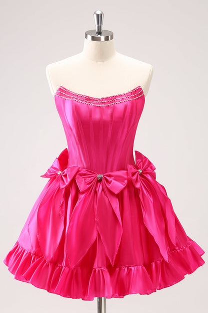 Fuchsia A Line Strapless Corset Short Homecoming Dress With Bows