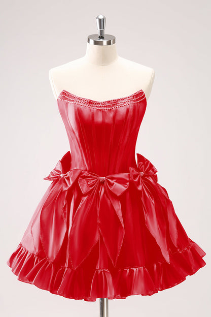 Fuchsia A Line Strapless Corset Short Homecoming Dress With Bows