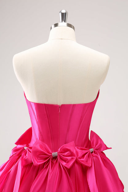 Fuchsia A Line Strapless Corset Short Homecoming Dress With Bows