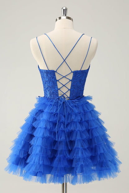 Elegant Blue A Line Spaghetti Straps Tulle Homecoming Dress with Ruffles