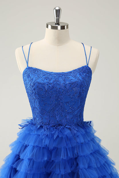 Blue A Line Spaghetti Straps Tulle Cute Homecoming Dress with Ruffles