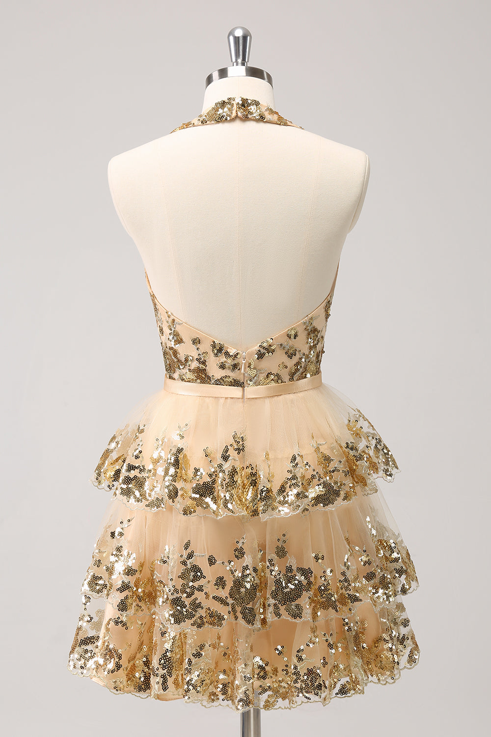 Sparkly Gold A Line Halter Tiered Backless Short Homecoming Dress with Sequins