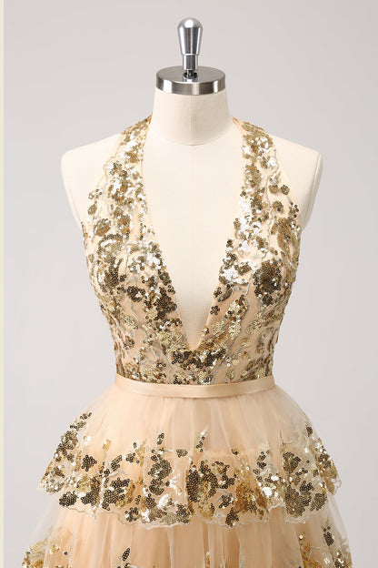 Sparkly Gold A-Line Halter Tiered Sequined Backless Short Homecoming Dress