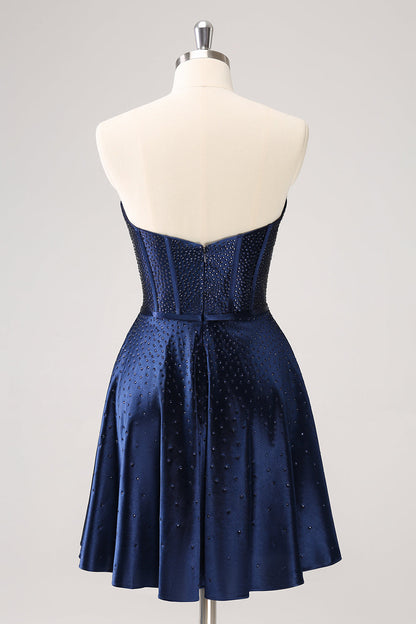 Sparkly Navy Beaded Corset Hollow Out Short Homecoming Dress With Bow