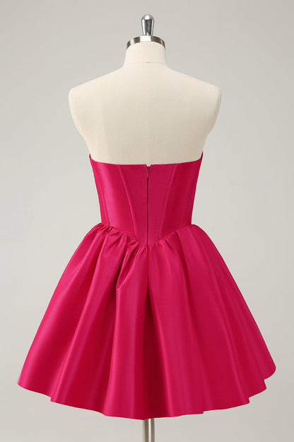 Fuchsia A Line Sweetheart Corset Satin Cute Homecoming Dress