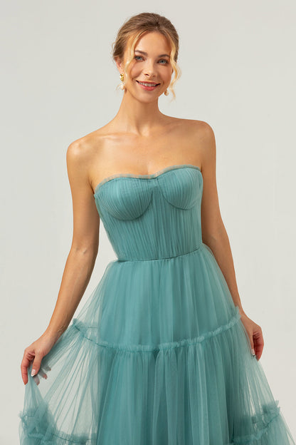 A-Line Strapless Corset Tulle Eucalyptus Bridesmaid Dress