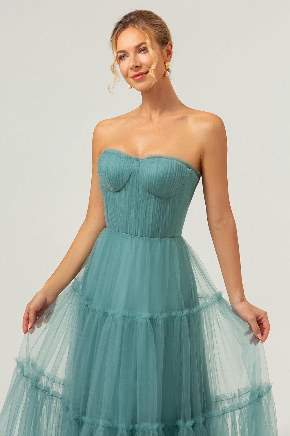 A-Line Strapless Corset Tulle Eucalyptus Bridesmaid Dress